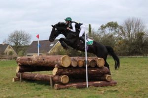 Black horse jumping cross country fence